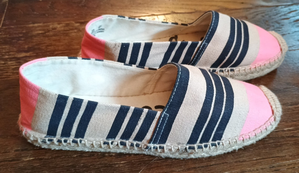 EUC Sam Edelman Verona Striped Espadrille Slip-On Shoes Tan Black Pink Size 6